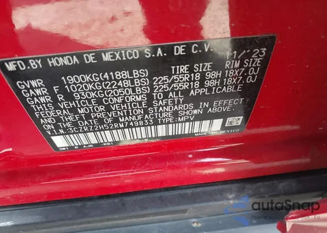 2024 Honda Hr-V Awd Sport/Awd Sport W/O Bsi из США, поврежденный, VIN 3CZRZ2H52RM749833